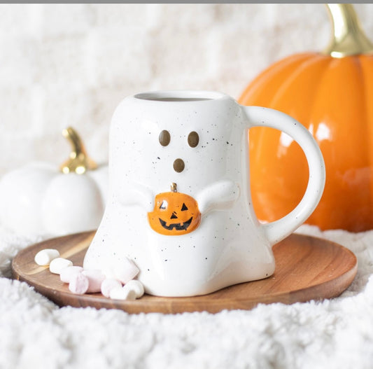 Ghost Holding Pumpkin Mug