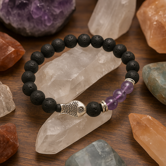 Lava Stone Bracelet :Amethyst with Fish 🐟